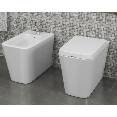 Sanitari Donna Square filo muro a terra wc + bidet e sedile soft-close in ceramica