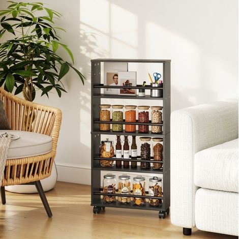MEUBLIV Étagère de rangement à roulettes 45x15x91 cm noire 4 niveaux mobile (1/5)