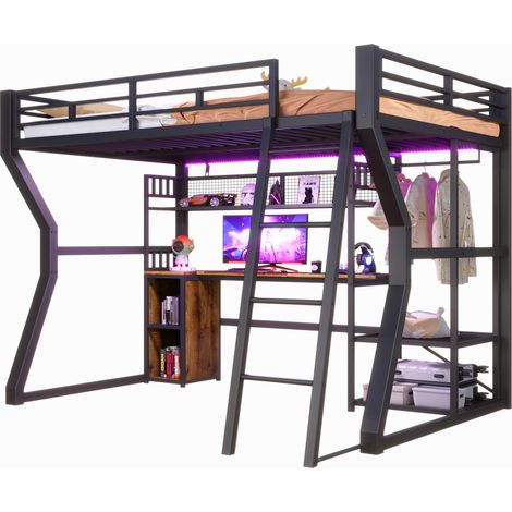 Lit mezzanine 140 x 200 cm, cadre en fer, avec bande lumineuse, prise électrique, espace de suspension pour vêtements, bureau, espaces de rangement, étagères, espace ouvert sous le lit, sans matelas, (1/5)