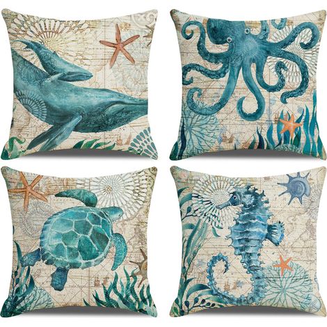 Lot de 4 housses de coussin décoratives sur le thème de la plage, 45 x 45 cm, style méditerranéen et nautique, pour canapé, terrasse ou véranda. (1/5)