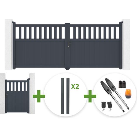 Portail battant SANTIS 3.4m H.140cm aluminium gris + 4 poteaux ELDA + Portillon 1m SANTIS H.140cm aluminium gris + motorisation Tanker B250 (1/5)