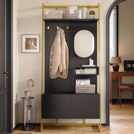 Armoire compacte minimaliste en panneau de bois, meuble de rangement ouvert avec miroir et crochets métalliques, porte-manteau combiné banc à chaussures pour intérieur moderne (1/3)