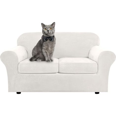 Soft stretch velvet sofa cover with separate cushion covers for 1, 2, 3 seater sofas with anti-slip strap for living room, bedroom (white, 2 seater) (1/5)