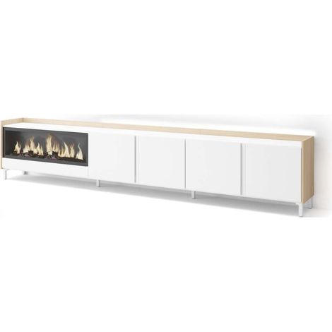 Mueble TV Archidona-02 de 315x61x35 cm con chimenea y luces LED, diseño industrial, color blanco y roble soft (1/4)