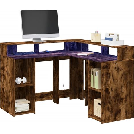 LED-Schreibtisch Räuchereiche 130x130x91 cm Holzwerkstoff