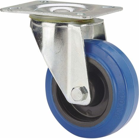 Gummi-Lenkrolle mit Platte und Rollenachse, blau, max. Tragkraft 80 kg, ø 8 cm