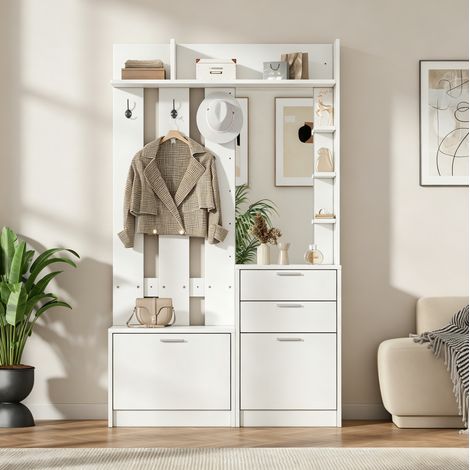 Guardaroba da ingresso 110x34x185 cm, con specchio, 2 cassetti, 2 scarpiere a ribalta, MDF bianco (1/5)