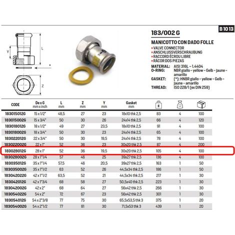 Manicotto ø28 x 1" con dado folle Inox 316L a pressare GAS 183028012G