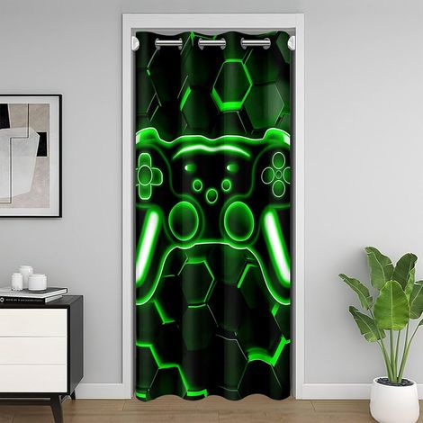 Rideau de Porte Gamer, Rideau Occultant Neon Honeycomb Gaming, Rideaux de Placard Jeux Game Garçon, Rideaux Occultant Lumières Hexagonales Vertes 86 x 203 cm - 86L X 203H cm (1 Panneaux) (1/5)