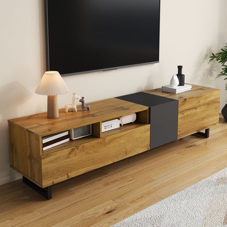 Meuble TV marbré rétro, design bicolore contrasté, trois portes et deux compartiments, pieds métalliques en U, veinage bois vintage (1/5)