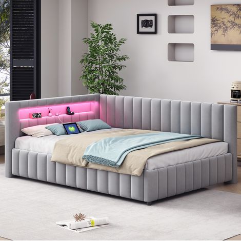 Cama dormitorio tapizada 140x200 con LED y USB gris OKMYHOME (1/5)