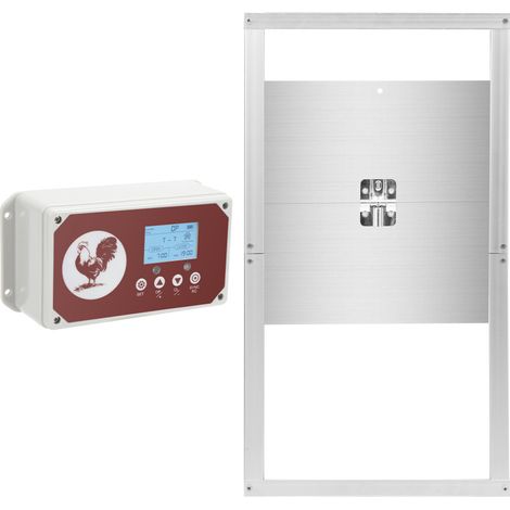 SWANEW Porta automatica per pollaio con sensore luminoso, telecomando, display LCD e timer, batteria e adattatore, alluminio, impermeabile IP44, 30x30cm (1/5)