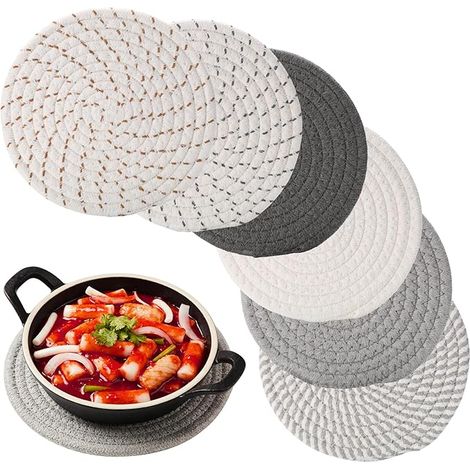 Dessous de Plat Ronds Tressés Résistants à la Chaleur, Set de Table Rond Lavable Coton, Dessous de Table, sous-Verres en Coton pour Casseroles, Poêles et Assiettes (1/5)