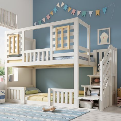 Letto a castello bambini 90x200 cm con rete a doghe e scala contenitore, in legno bianco, materasso non incluso (1/5)