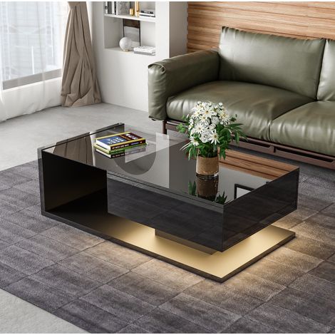 DESMIU Table basse avec niche, LED et plateau en verre, pour salon, en panneau de particules, noir, 105 × 55 × 32,5 cm (1/5)