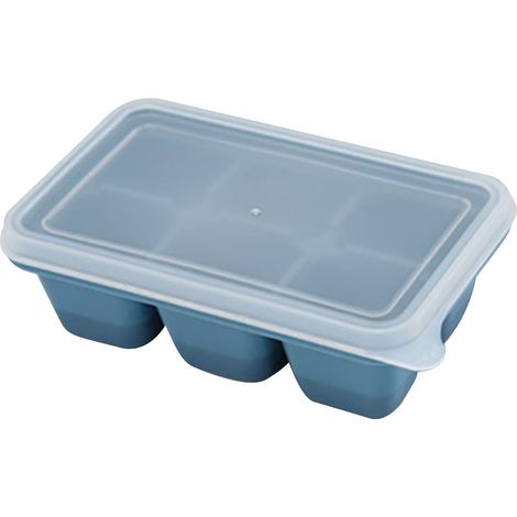 Bacs à glaçons polyvalents, 6 compartiments, réutilisables, étanches, moules en silicone à base souple facile à démouler avec couvercle bleu amovible. (1/5)