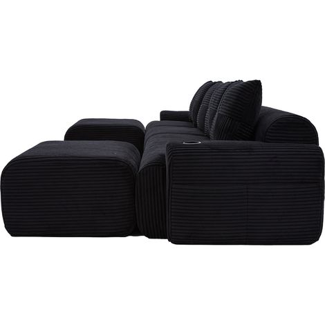 Divano modulare in velluto a coste nero per 4 persone con 2 pouf e portabicchieri (1/5)