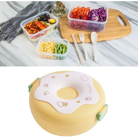 Boîte à bento en forme de donut, compatible micro-ondes, mignonne, ronde et jaune, à motifs de dessins animés, idéale pour les employés de bureau et les étudiants. (1/5)