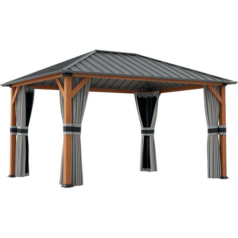 Tonnelle de jardin avec toit rigide en métal galvanisé, structure en aluminium, rideaux et moustiquaires, 3x4 m