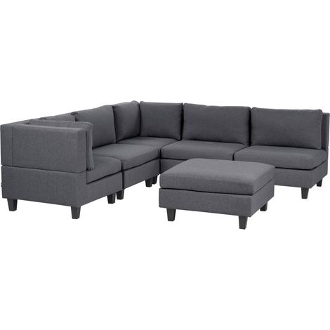 Sofá modular esquinero moderno 5 plazas tapizado tela patas negras respaldo acolchado derecho con otomana gris oscuro Unstad