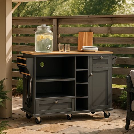 URBAN MEUBLE Tables d'extérieur îlot de cuisine noir mobile avec 2 tiroirs et porte de rangement (1/5)