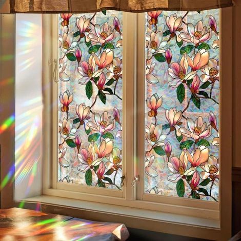 Statisch haftende Fensterfolie, Retro-Blumen- und Schmetterlingsmuster, Sichtschutzfolie 43 x 100 cm, UV-Schutz (1/5)