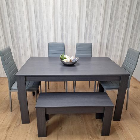 Dining Table and 4 Chairs With Bench Black Dark Grey 4 Grey Leather Chairs Wood Dining Set Furniture (1/5)
