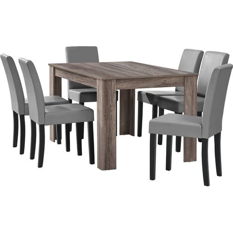 Essgruppe Forssa 7-tlg 140x90 cm Eiche antik / Hellgrau [en.casa]