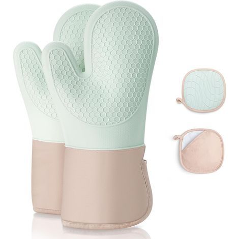 Gants de Four, Lot de 4 Gants et Maniques de Cuisine Résistants à la Antidérapants, Anti Chaleur Jusqu'à 350°C, en Coton Doux, Longs et Flexibles en Silicone Épais pour Cuisine Pâtisserie, Vert
