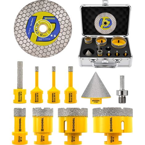 Scie Cloche Diamant 11 Pièces–Foret Diamant 6/6/8/20/35/50/68mm avec Foret à Chanfreiner 50 mm,Fraise 10 mm,Adaptateur et Disque pour Carrelage,Céramique,Porcelaine,Granit et Marbre (1/5)