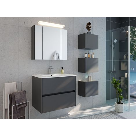Badmöbelset Taifun 70cm 3tlg mit Spiegelschrank und 3er Boxen Set grafit