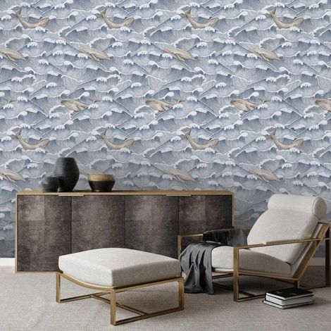 Papier peint motif mer pour salon chambre à coucher Vagues et Baleines (1/5)