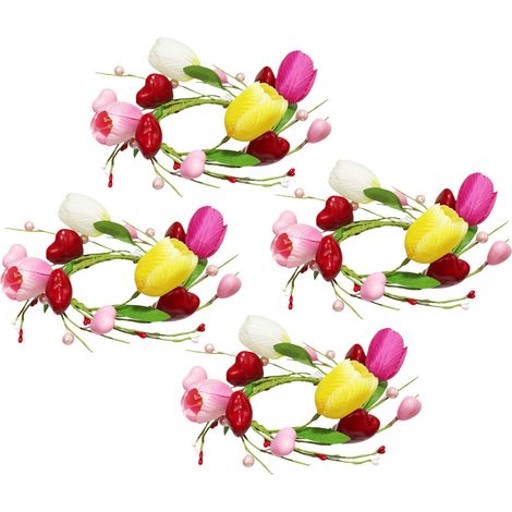 Lot de 4 anneaux porte-bougie tulipe rouge, cœur et baies roses, avec feuille verte artificielle, pour la Saint-Valentin et la fête des mères. (1/3)