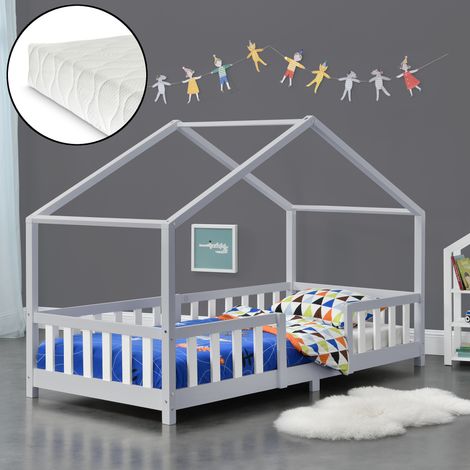 Lit d'enfant en forme de maison Treviolo avec matelas 90 x 200 cm bois de pin gris clair / blanc [en.casa] (1/5)