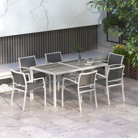 Juego de Comedor de Jardín de 7 Piezas con 1 Mesa y 6 Sillas Apilables Estilo Moderno para Terraza Patio Blanco y Gris (1/5)