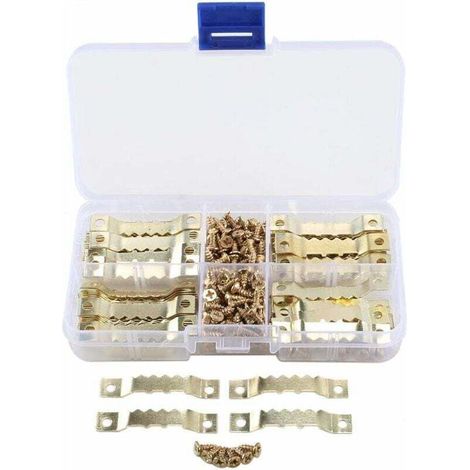 100 pièces Crochets en Dents de Scie Cintres à Cadre en Métal Crochet Cintre pour Fixation Cadre Accrocher Tableaux Photo Toile Peinture Mandala avec 200 Vis Couleur dorée 45mm (1/4)