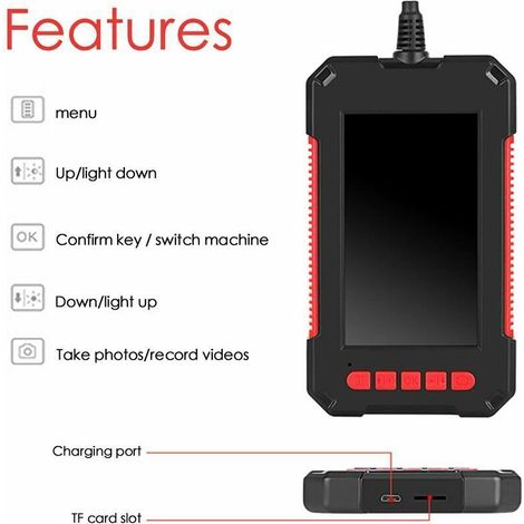 Endoscopio industriale , camera d'ispezione digitale HD 1080p, schermo 4,3", camera serpente impermeabile 5,5 mm, 6 LED, batteria 2600 mAh, cavo semirigido 10 m - Rosso (1/2)