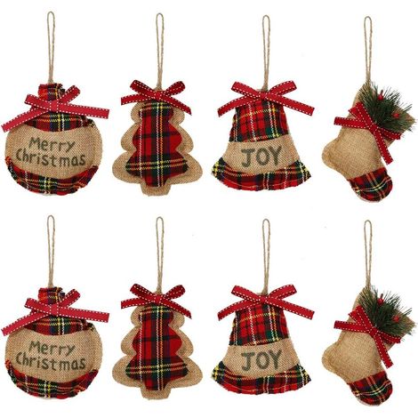 Rustic Christmas Tree Ornaments, Burlap Christmas Bauble, Tree Bell with Fashionable Red and Green Plaid Tartan for Holiday Party Decor, 8 Pieces (1/5)