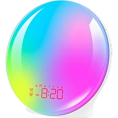 Lampe de Réveil Colorée Simulant le Lever et Coucher de Soleil - Réveil Électronique LED, Lumière d'Ambiance RVB, Veilleuse de Chevet, Bruit Blanc - Éclairage Doux pour Enfants et Adultes