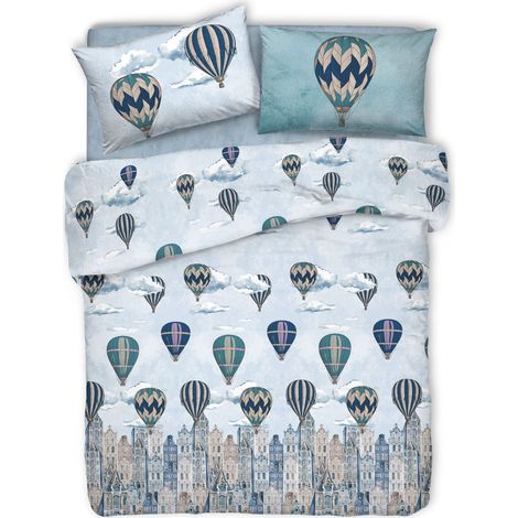 Parure de lit Double 100% Coton, avec Housse de Couette 250 x 200 cm et 2 taies d'oreiller 52 x 82 cm, fabriquée en Italie, Housse de Couette Lavable en Machine à 40 °, Motif Voler (1/5)