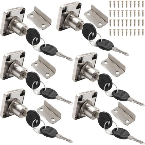 Lot de 6 verrous d'armoire avec clé - 20 mm - Serrure à visser avec clé - Pour meubles, armoire, boîte aux lettres, tiroir, maison, bureau - Argenté (1/5)