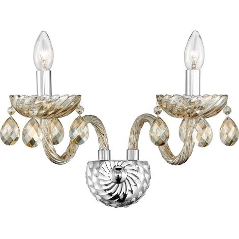 Merano Chibougamau Applique Murale Bougie 2 Lumières Chrome Aluminium Verre Cognac, Cristaux K9 Réglable LED E14
