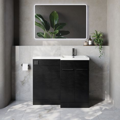 Napoli 390 Nero Oak 1000mm 2 Door Vanity Unit Toilet Suite with Right Hand Square Lucia Basin - 1000mm - Matt Black 160mm HandleWithout Kingston Toilet Pan