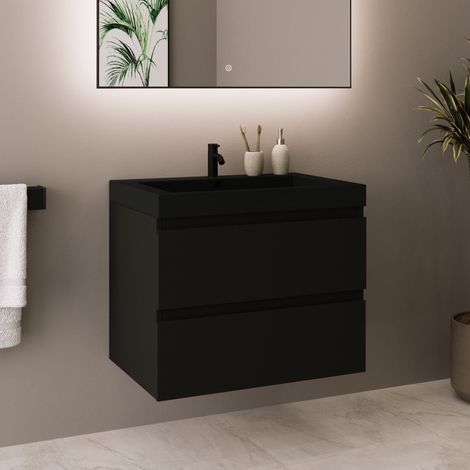 LOMAZOO Meuble de Salle de Bain 60cm Noir Mat - Vasque Noire -