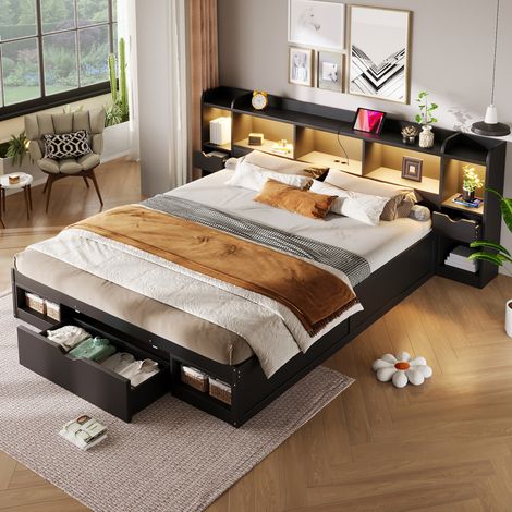 Letto 180x200 con contenitori, 3 cassetti, LED e USB, nero DESVIAE (1/5)