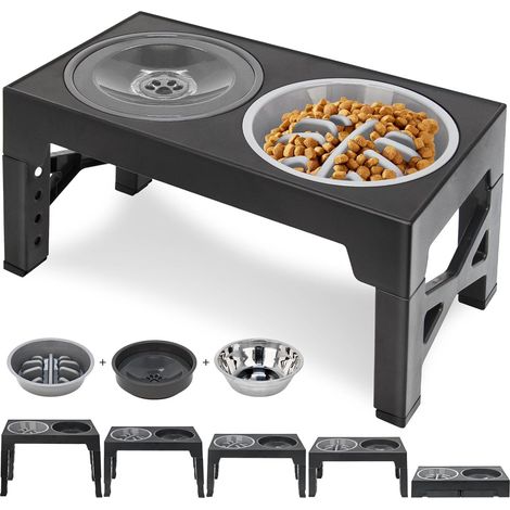 1 Gamelle surélevée pour chien, Support réglable 5 hauteurs, Bol acier inoxydable, Alimentation lente, Anti-déversement