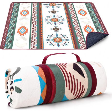 Tapis et Couverture de Pique-Nique 200x200cm Grand Imperméable Anti-Sable – Natte de Plage Lavable, Pliable et Portable pour Camping, Parc, BBQ, Voyage – Nappe de Sol pour Extérieur (Boho) (1/5)