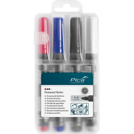 PICA Classic Marqueur Permanent Set de 4, 520/04, Pointe Ronde, noir/rouge/bleu/blanc (1/3)