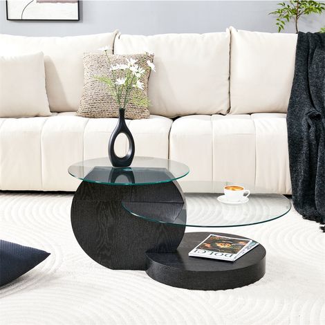 Table Basse Moderne 90x70x44cm - Double Plateau en Verre Trempé et Structure MDF Aspect Bois Noir - Noir et Transparent (1/5)
