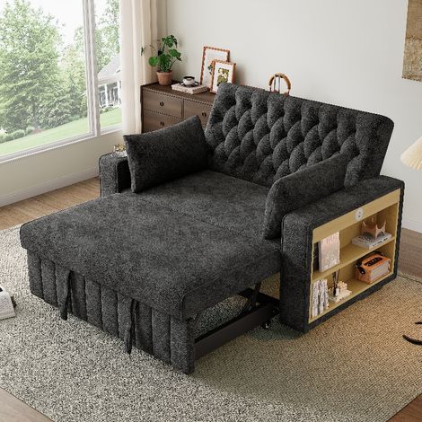 Canapé convertible 2 places 140cm, Canapé-lit gris en tissu chenille avec port USB, porte-gobelet et dossier inclinable 3 positions (1/5)
